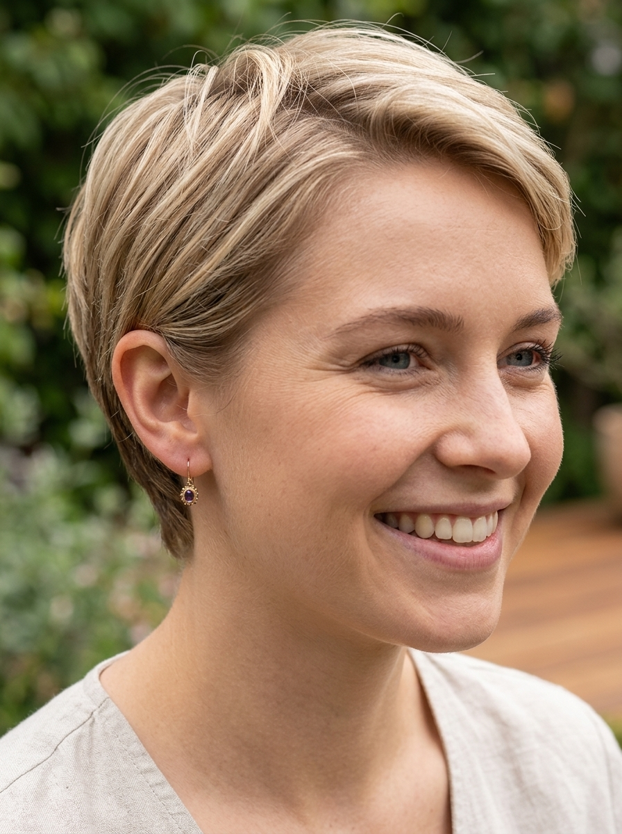 model A pair of drop earrings. Each set with a cabouchon cut amethyst 6x4mm and set with an antique look border.