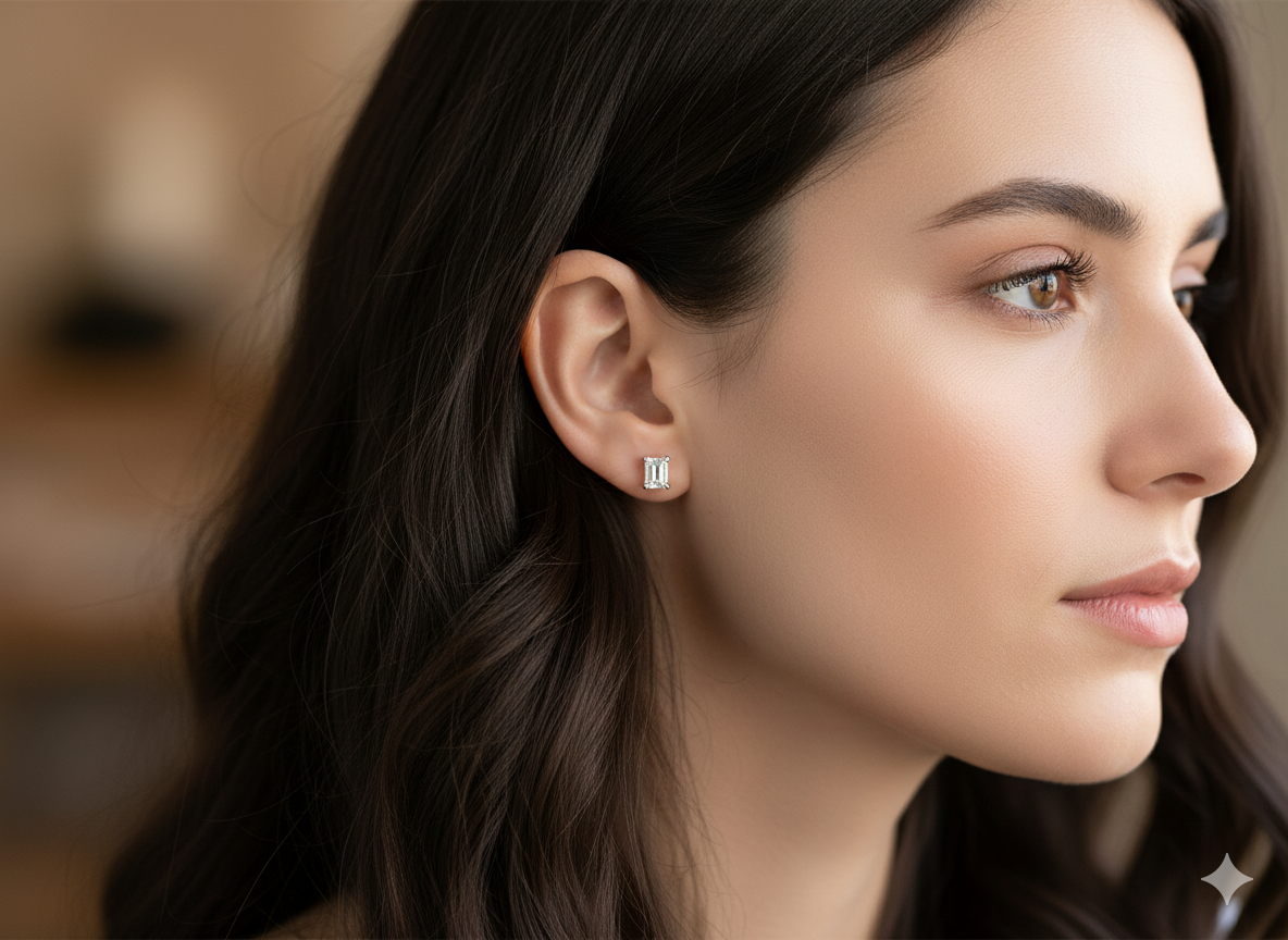 A pair of emerald cut diamond earrings