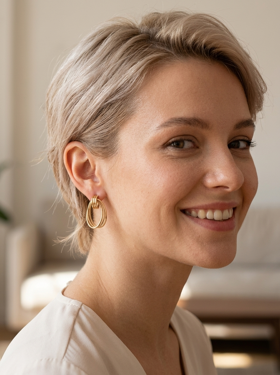 model A pair of multi hoop earrings. Concentric bands in an oval shape, measure 34x22mm, weight each 2.2grams
