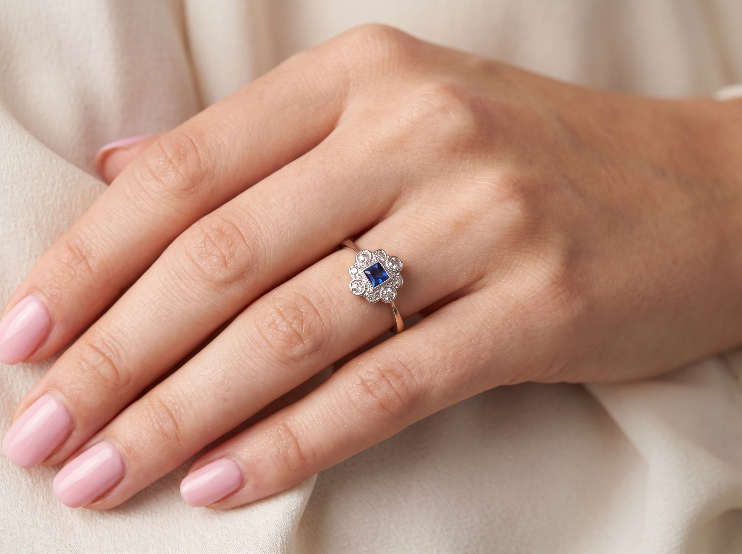model A pretty early 20th century cluster ring. The centre stone a square mid blue sapphire, 3x3mm, mille grain setting.&nbsp;
