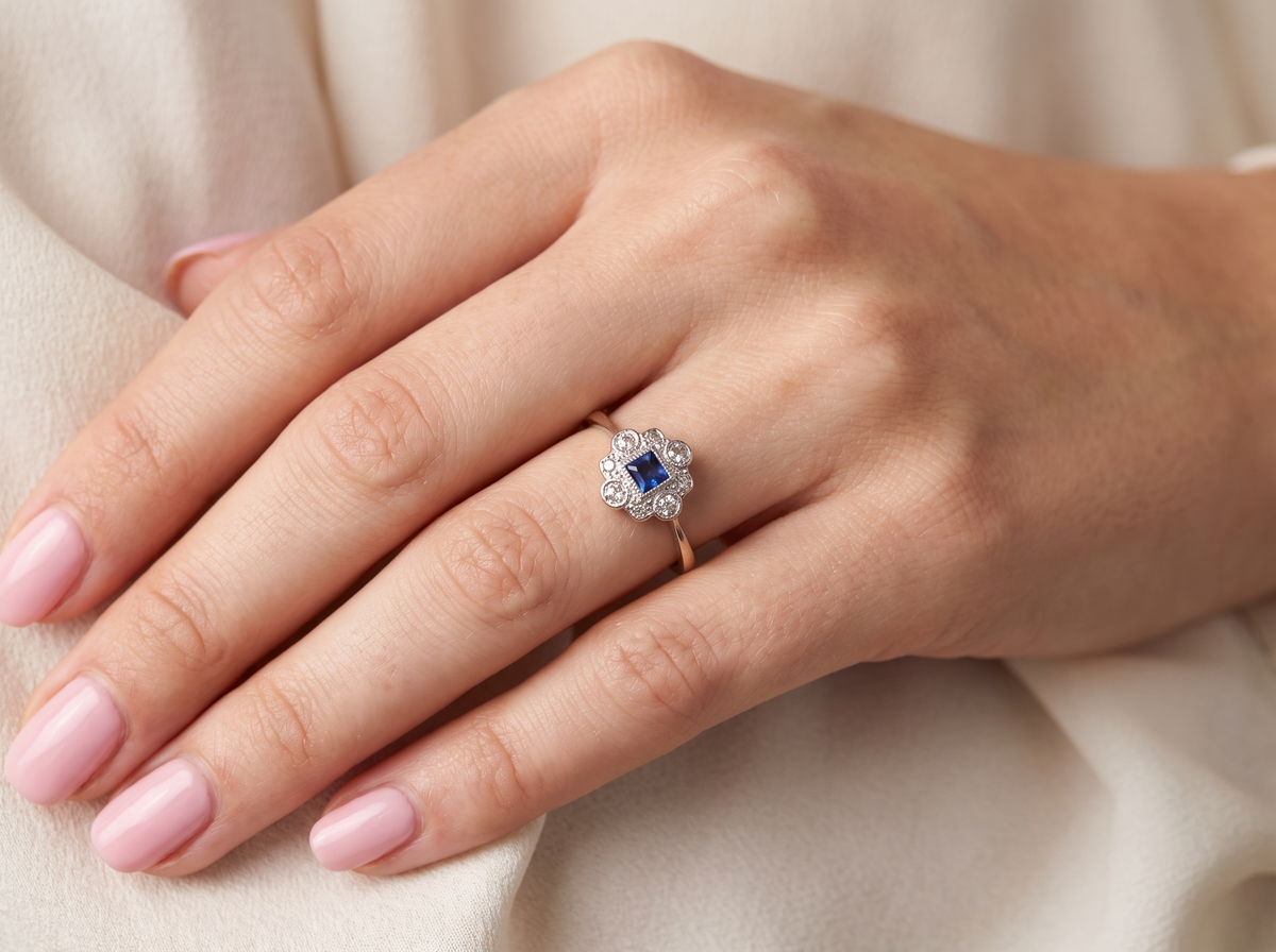 model A pretty early 20th century cluster ring. The centre stone a square mid blue sapphire, 3x3mm, mille grain setting.&nbsp;