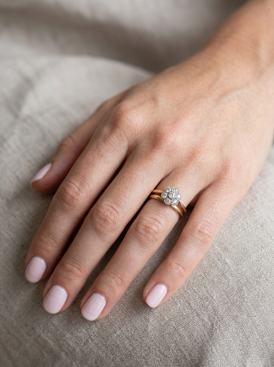 model A pretty vintage daisy cluster ring. Set with seven old brilliant cut white diamonds, each 3mm (total est 0.70 carats)
