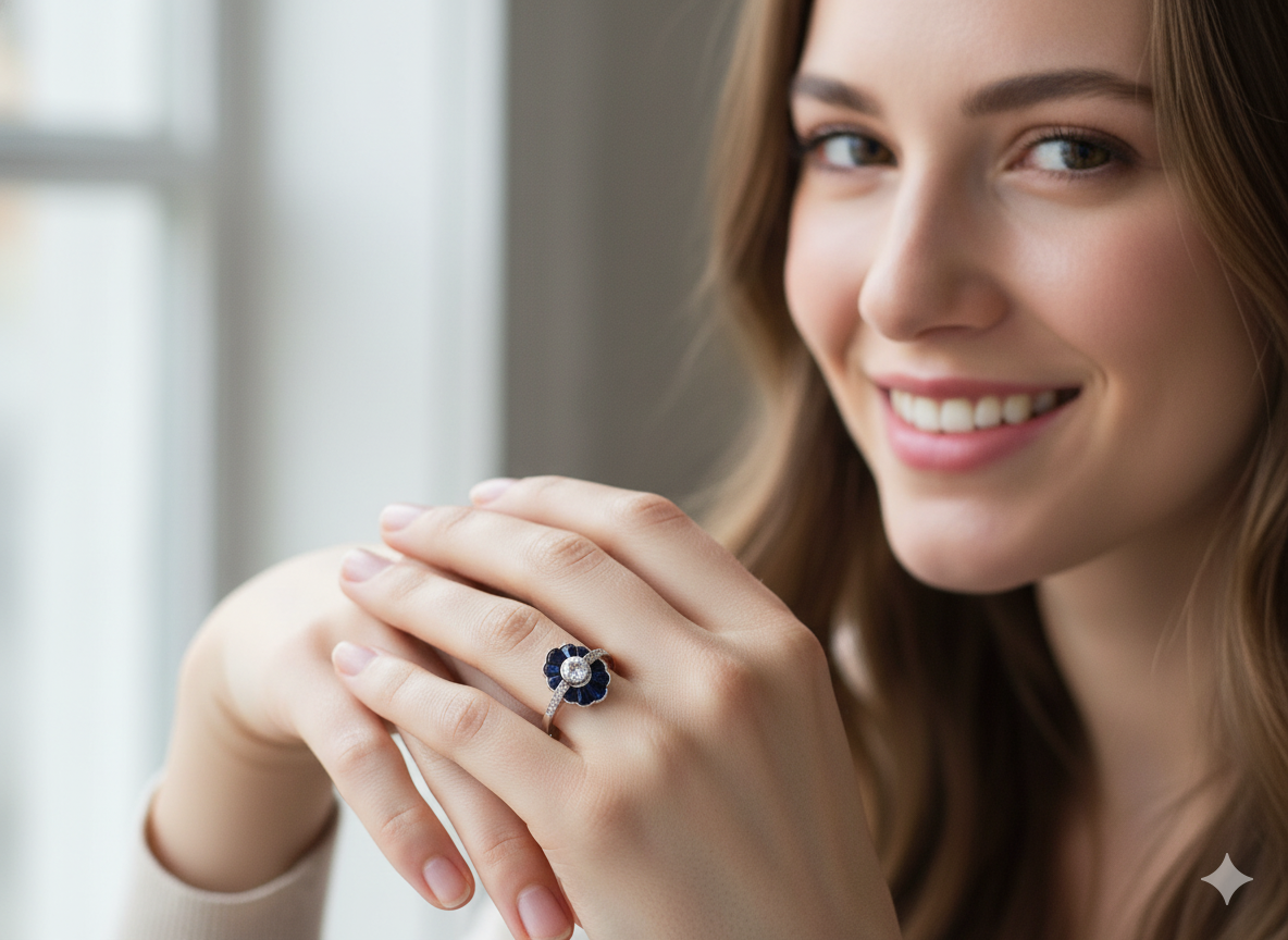 model A striking and highly unusual Art Deco cluster ring featuring a distinctive fan-shaped design.