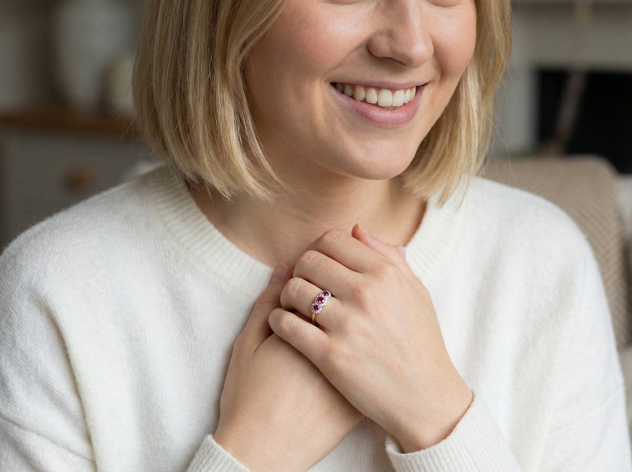 model A striking&nbsp; triple cluster ring crafted in 18 carat gold, dating circa 1990–2000, and fully hallmarked in the UK.

✨ Design &amp; Gemstones

Three deep red rubies set to the centre of each cluster
