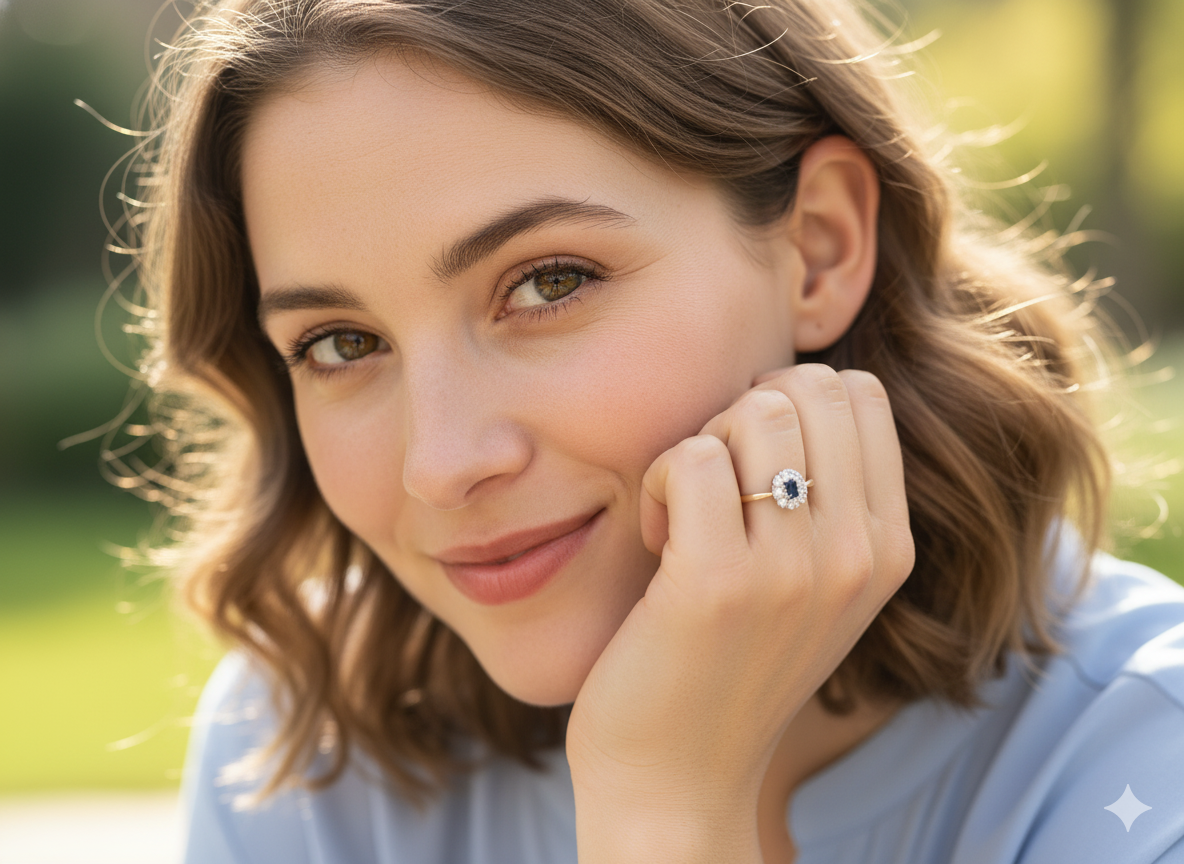 model A traditional 1970s cluster ring featuring a&nbsp;rectangular-cut sapphire,