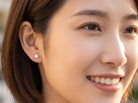 A close-up of a woman's ear wearing a small round clear stud earring, with her face partially visible in warm natural light.