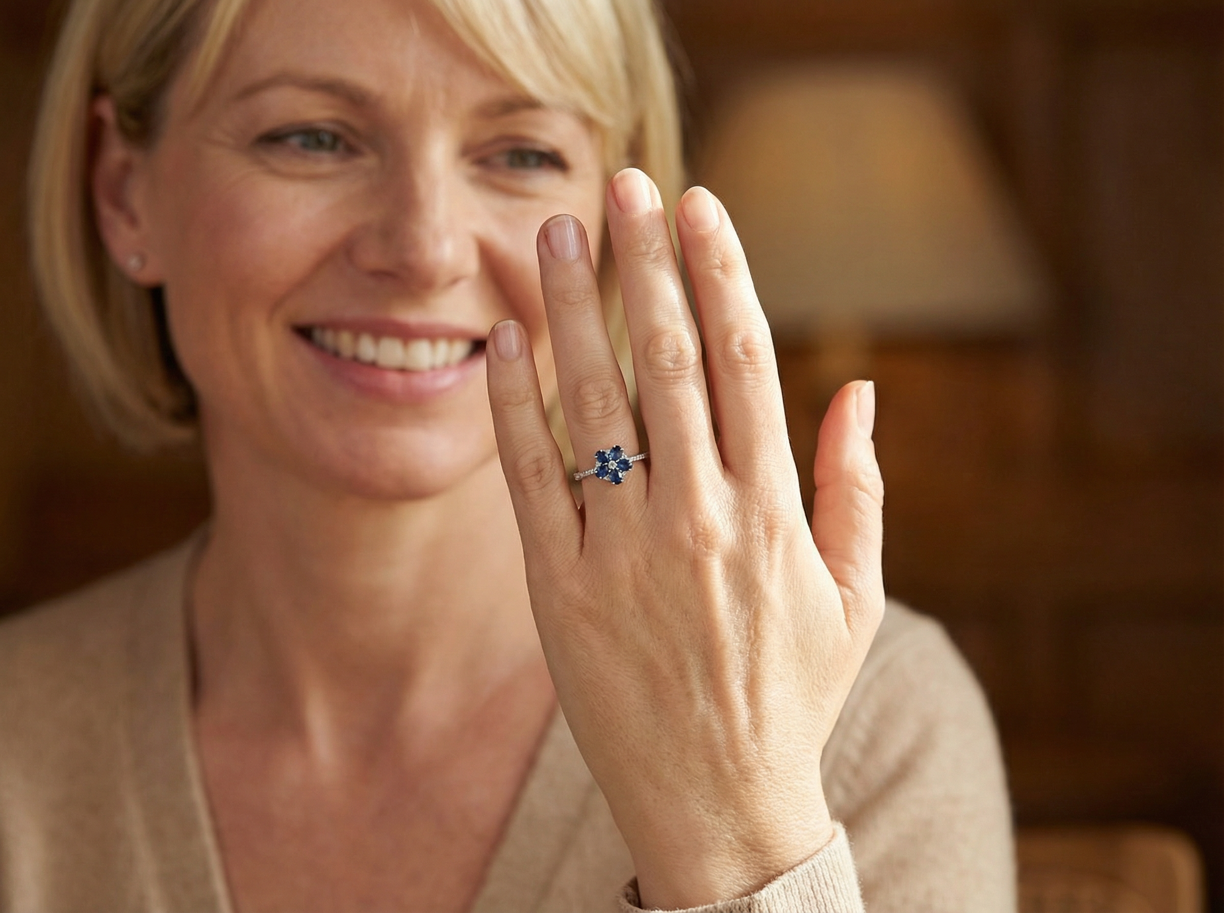 model A very pretty cluster ring. Features six cornflower blue oval cut sapphires