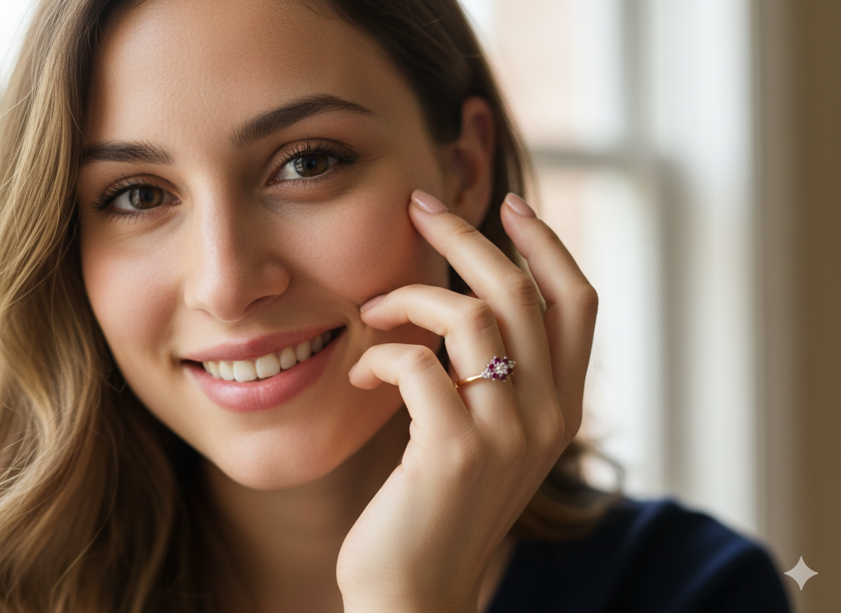 A Dainty Yellow Gold Diamond and Ruby Cluster Ring
