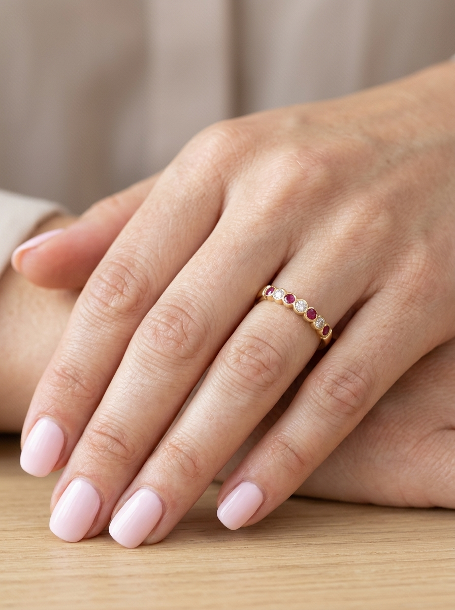 model An 18 carat yellow gold half hoop eternity ring. Set with four rubies, 3mm each.&nbsp;

Set with alternate diamonds, each 3mm (0.10 carats each) colour i-j, clarity Si.
