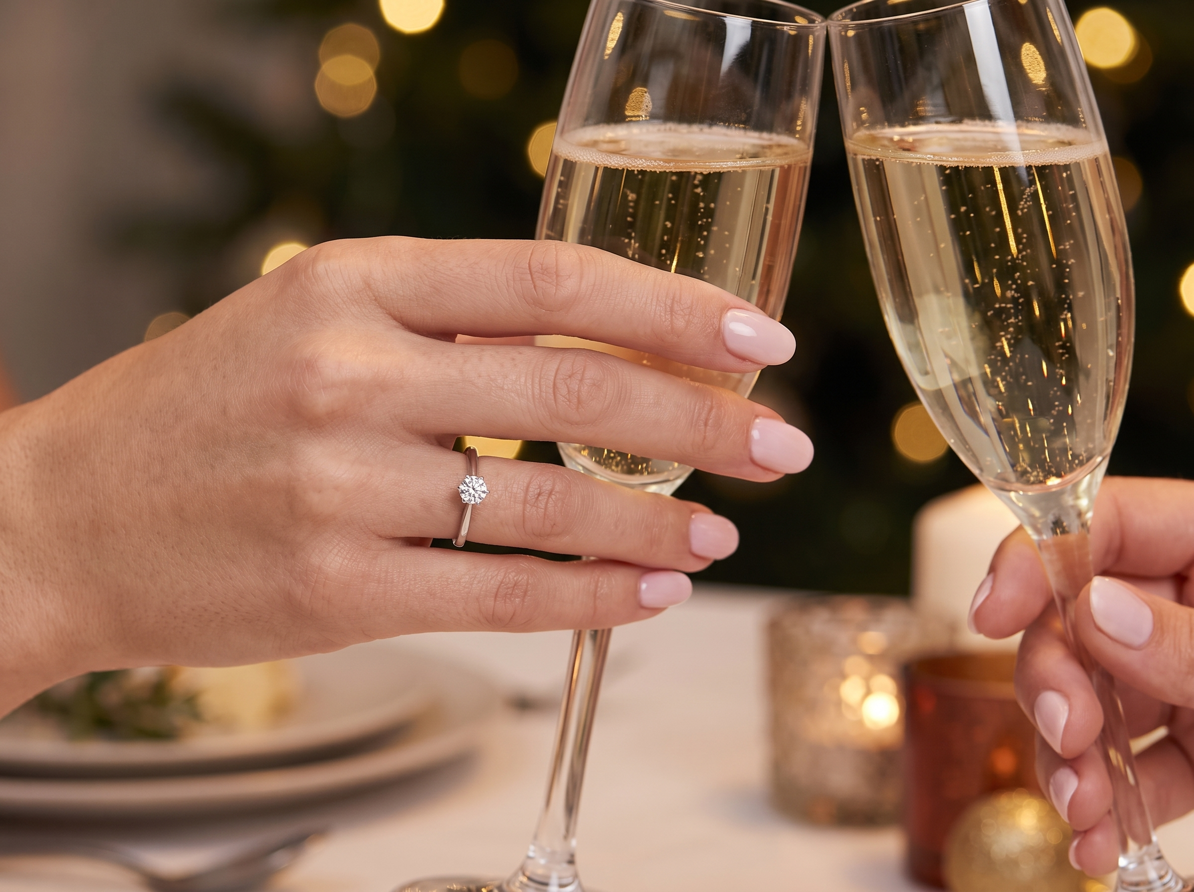 A close-up lifestyle shot of a person wearing a silver ring with a clear round gemstone, clinking champagne glasses at a dinner table with warm holiday bokeh lights in the background.