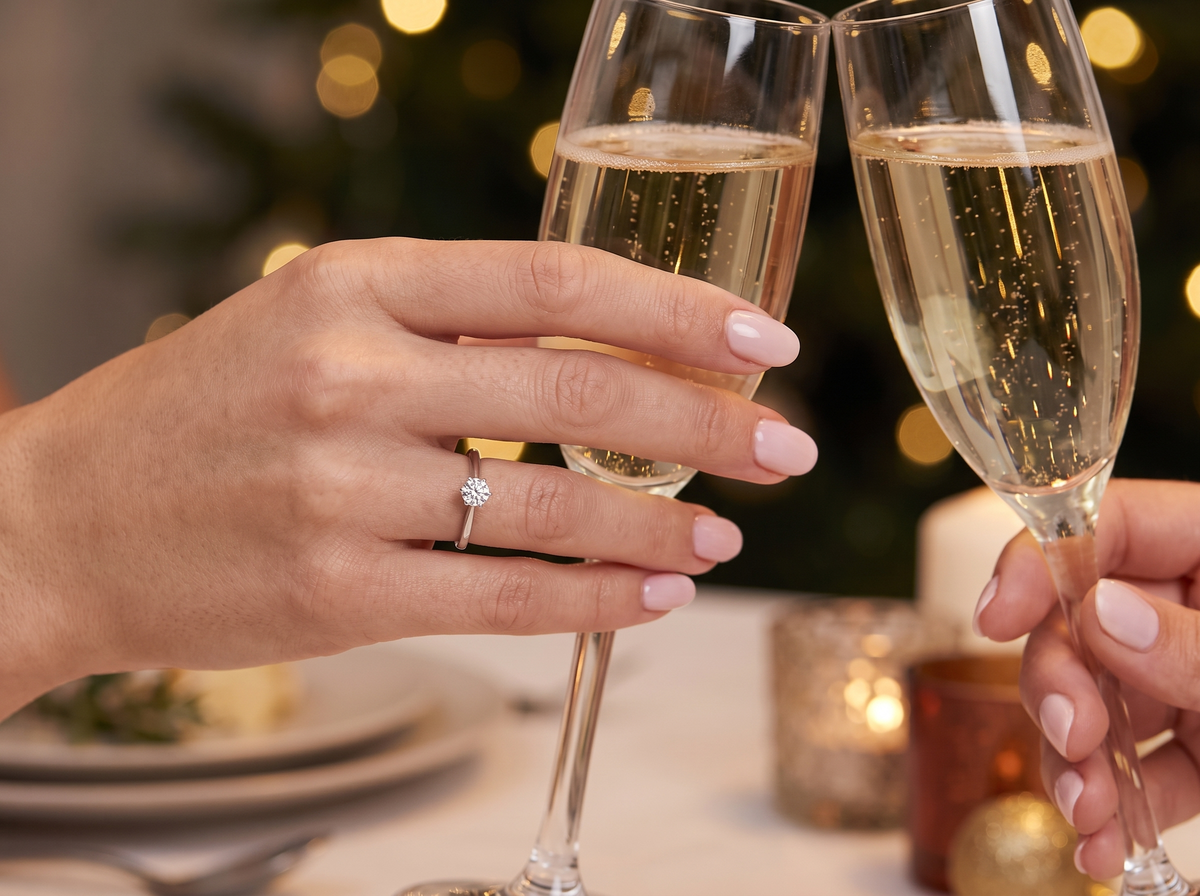 A close-up lifestyle shot of a person wearing a silver ring with a clear round gemstone, clinking champagne glasses at a dinner table with warm holiday bokeh lights in the background.