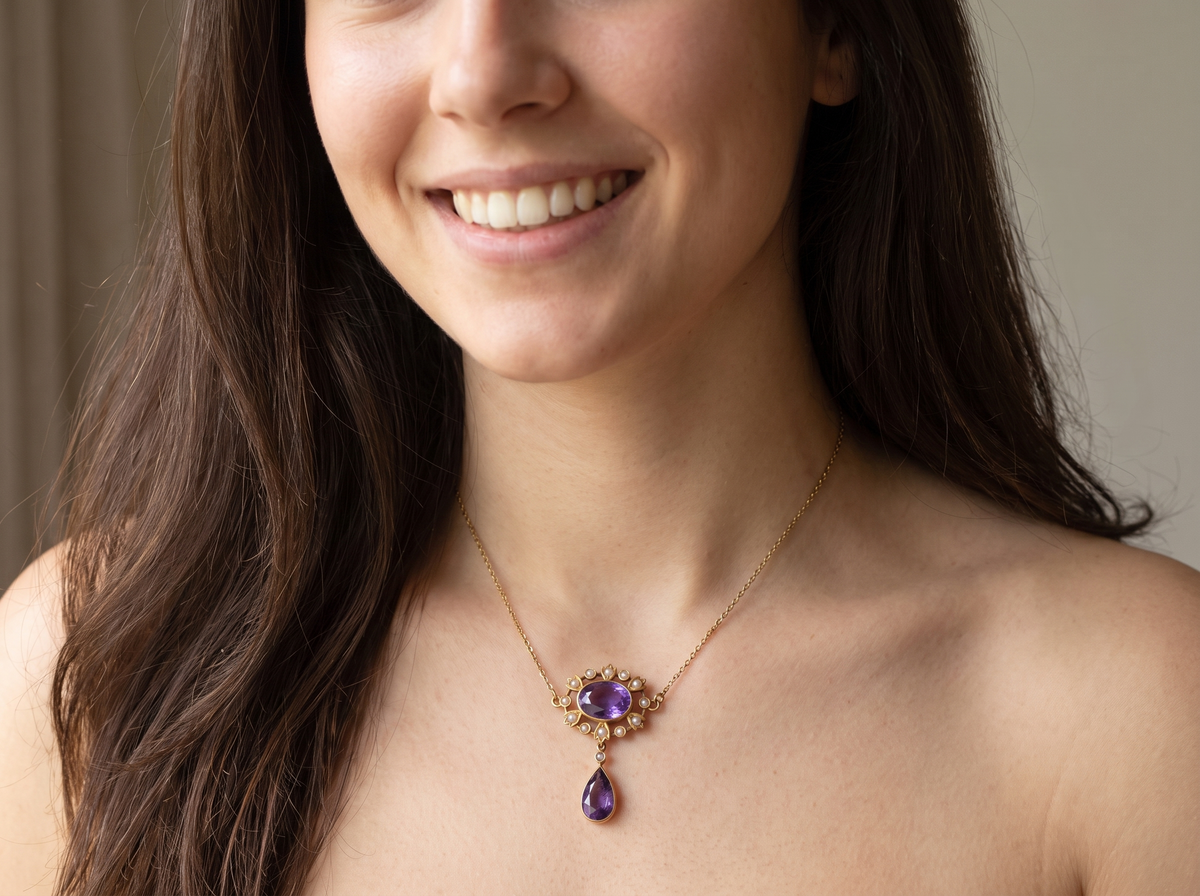 model An elegant pendant from the late part of the 19th century. This Victorian pendant features two luxurious amethyst gemstones, 