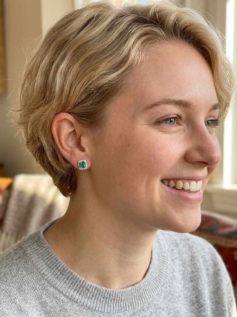 model An exceptional pair of cluster earrings. Each of these beautiful earrings is set with a stunning square cut emerald, measures 7x7mm (est carat size 1.8 carats) excellent colour and clarity with just a few inclusions.