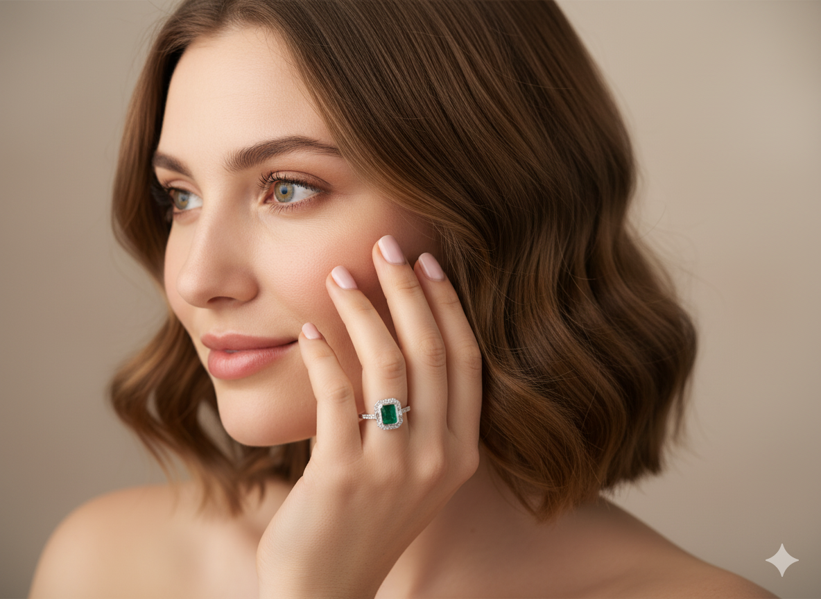 Emerald cluster ring on hand