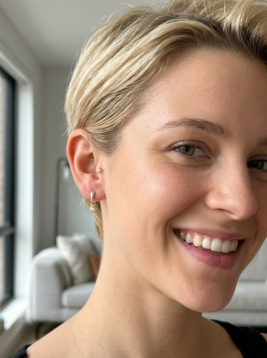 model An unusual pair of earrings. The design like a French horn is fashioned in 18 carat white gold, measures 18x 10mm.