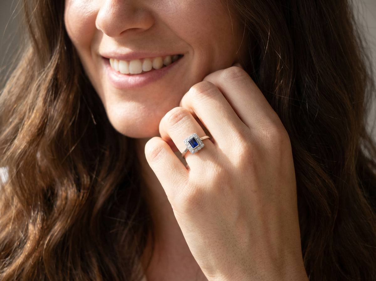 model  Art Deco cluster ring. Features a cobalt blue sapphire 