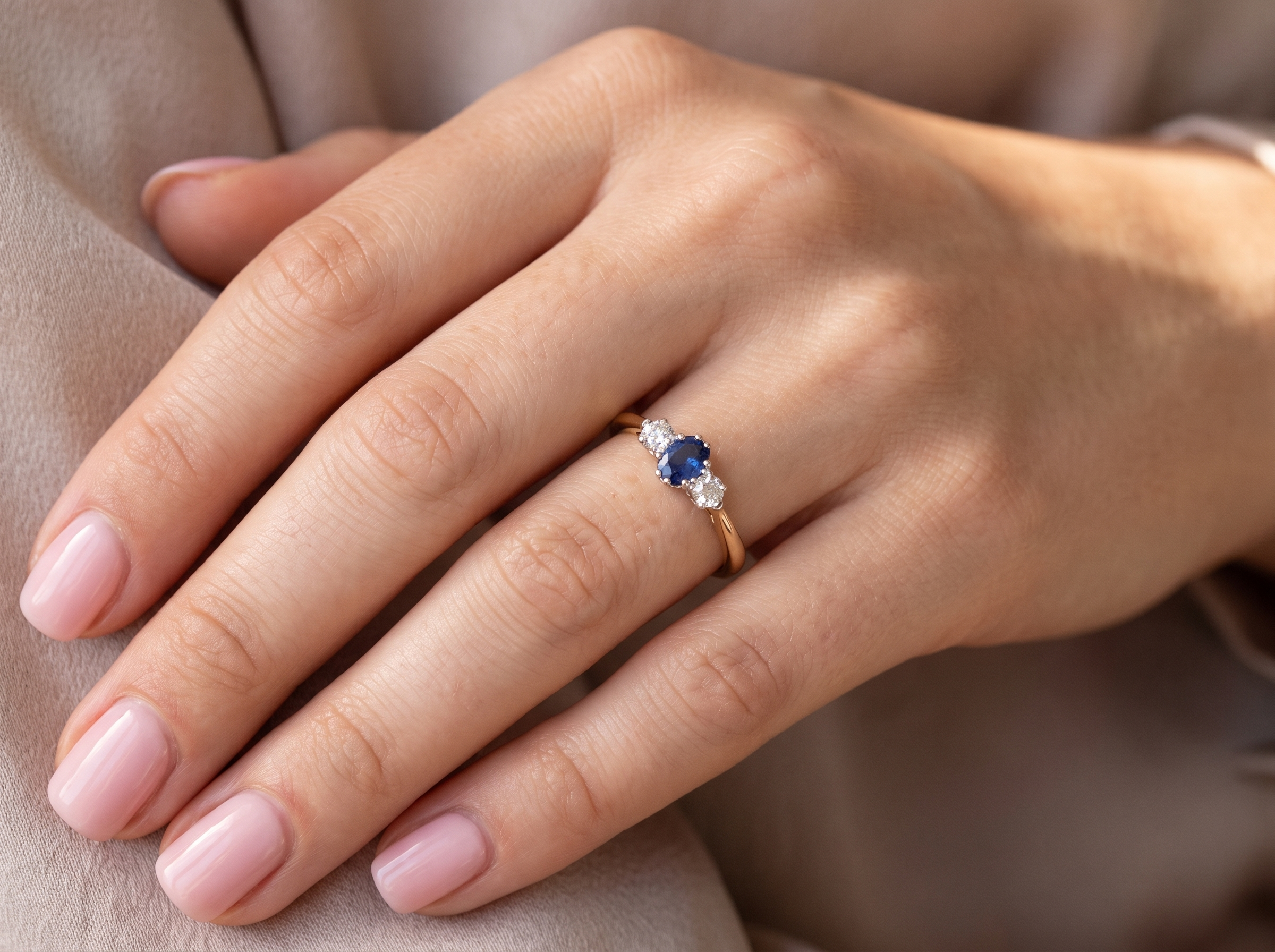 model The classic trilogy ring, this features to the centre a round mid to dark blue sapphire and each side a brilliant cut white diamond