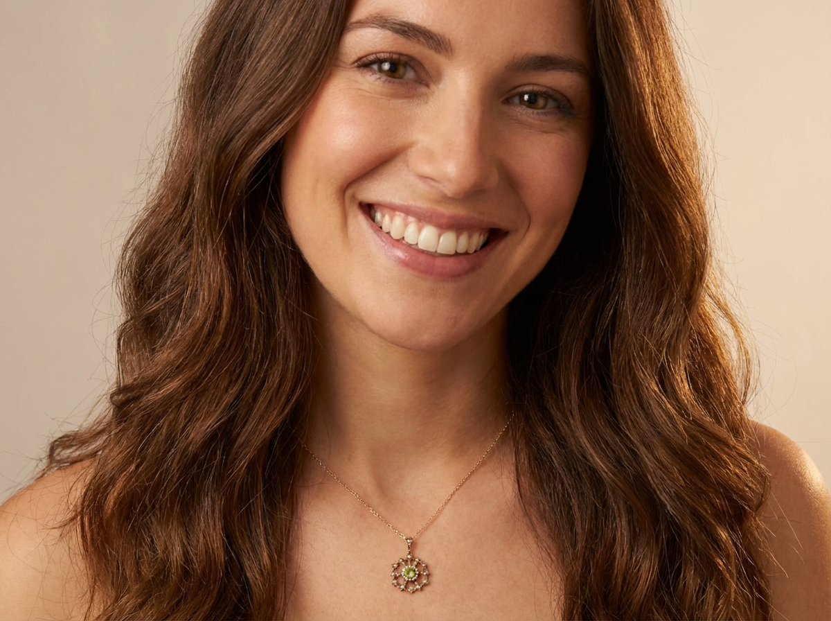 model This exquisite piece features a&nbsp;6mm peridot at its centre, framed by a delicate border of fine seed pearls.