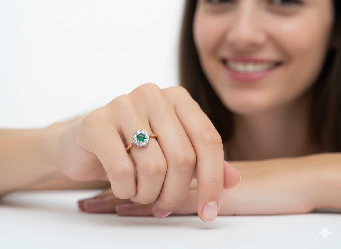 model  beautiful cluster ring featuring a&nbsp;6mm round emerald 