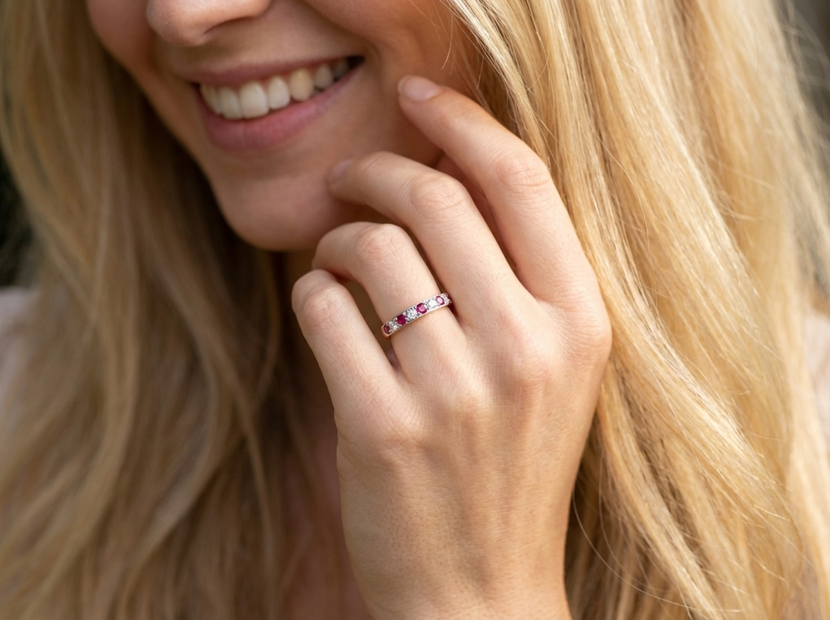 model  beautifully crafted 18 carat gold half-hoop eternity ring, 