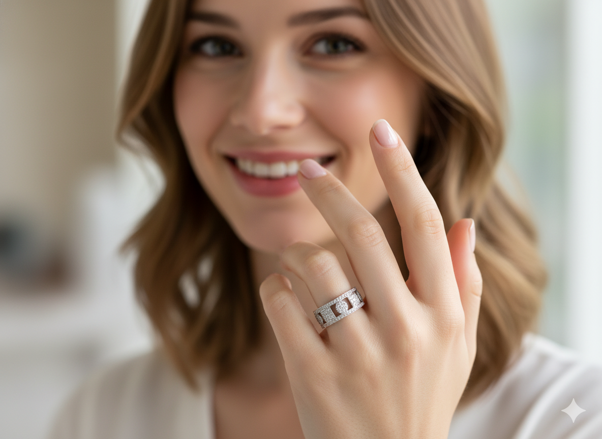 model  captivating design, this&nbsp;18-carat white gold band 