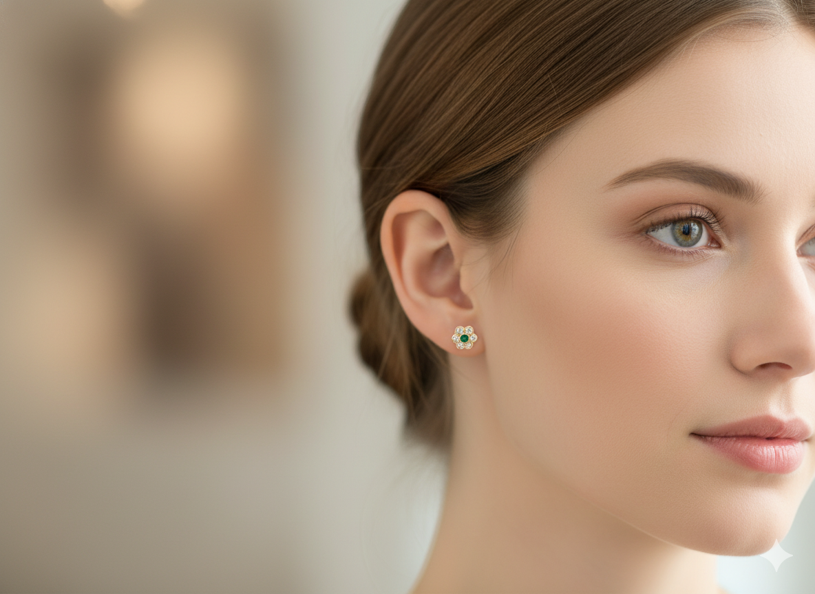 model  classic cluster earrings, each featuring a&nbsp;round emerald 