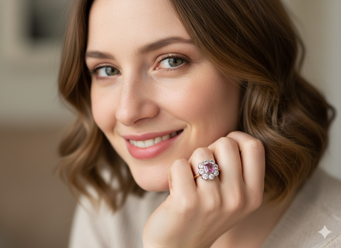 mocdel  cluster ring featuring a beautiful cushion-cut pink sapphire 