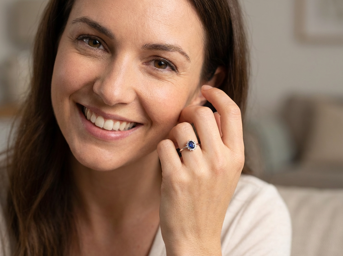 model cluster ring featuring a striking mid–dark blue oval-cut sapphire at its centre, measuring approximately 8 × 6 mm (estimated 1.25 ct).