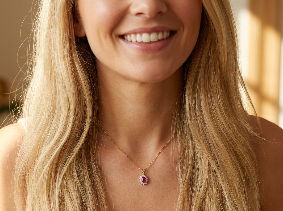 model elegant pendant showcasing a vivid oval-cut raspberry-red ruby