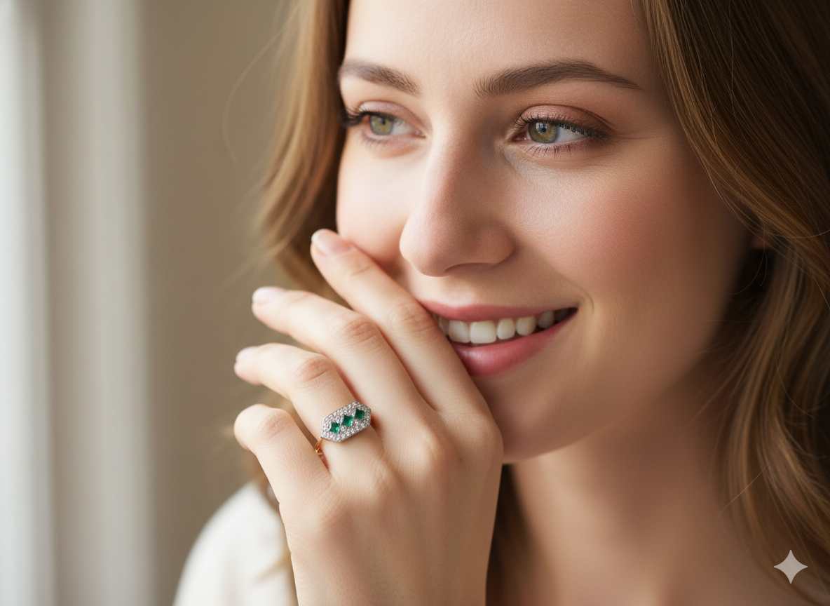 model  fine Edwardian era cluster ring, beautifully handcrafted with a trio of vibrant emeralds surrounded by a halo of antique old-cut diamonds. 