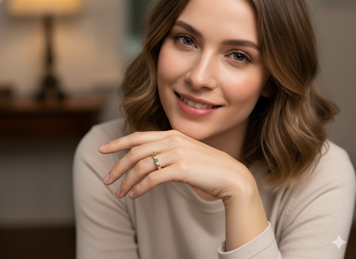 model half-eternity ring set with alternating emeralds and diamonds.