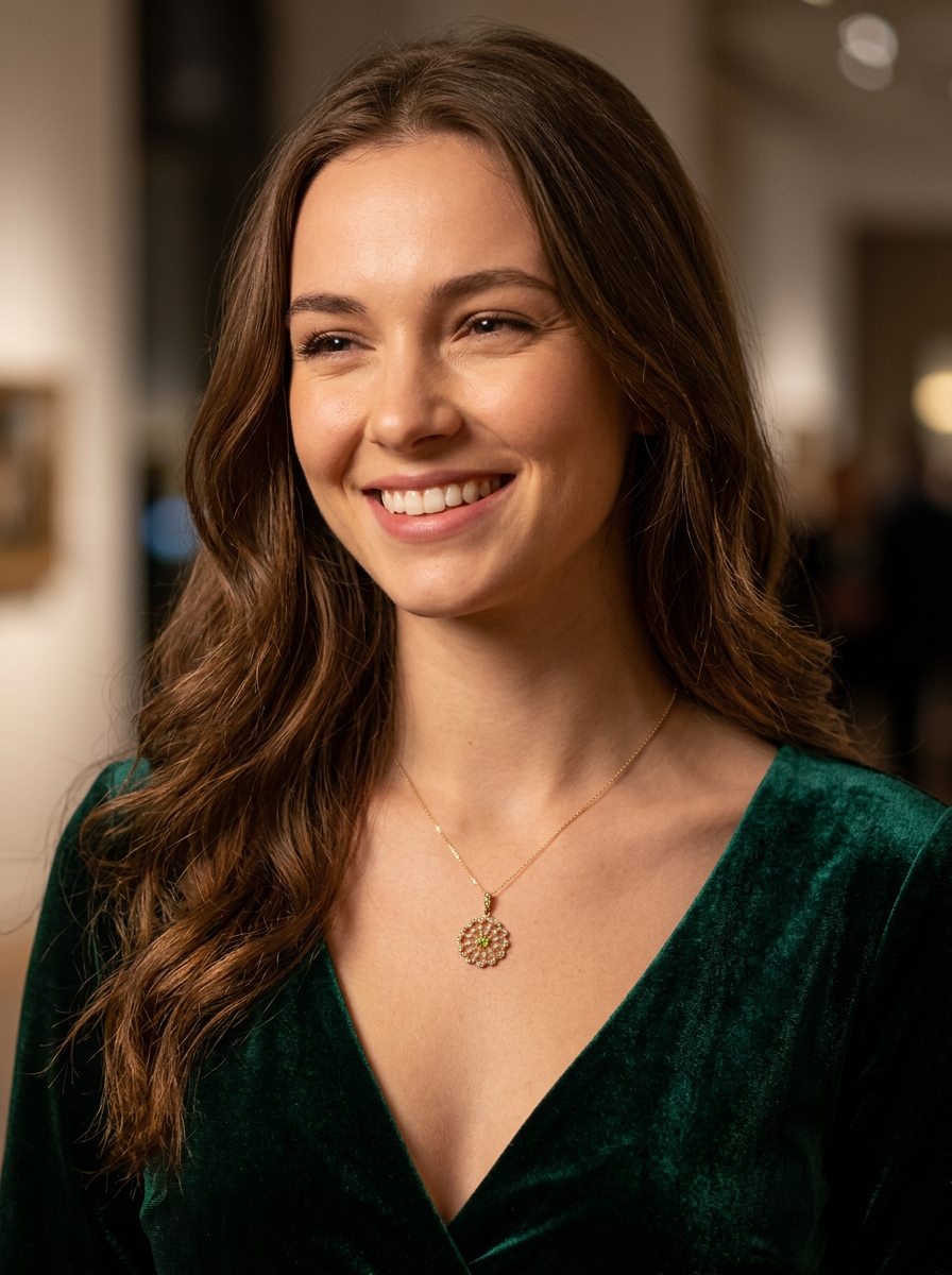 model pendant from the Edwardian- Age of Elegance-

The centre stone- a round peridot 5mm diameter, mille grain set. A satellite perimeter of twelve seed pearls, each 2.4mm. The outside border is scalloped shaped and each crescent is set with tiny seed pearls.