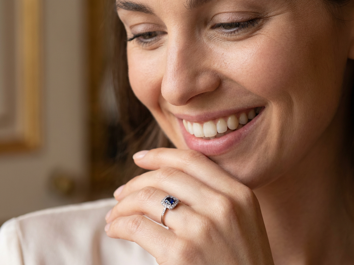 model beautiful original Art Deco cluster ring featuring a rich, dark blue oval-cut sapphire