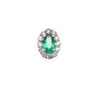An oval emerald-cut green gemstone halo ring set in silver-toned metal with surrounding clear stones, isolated on a white background.