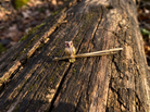 A small owl-shaped hair pin or hair accessory with a metallic finish rests on a weathered log outdoors.