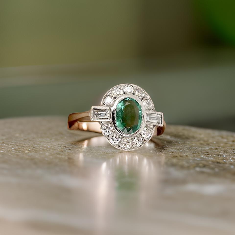 Platinum Emerald and Diamond Cluster Ring