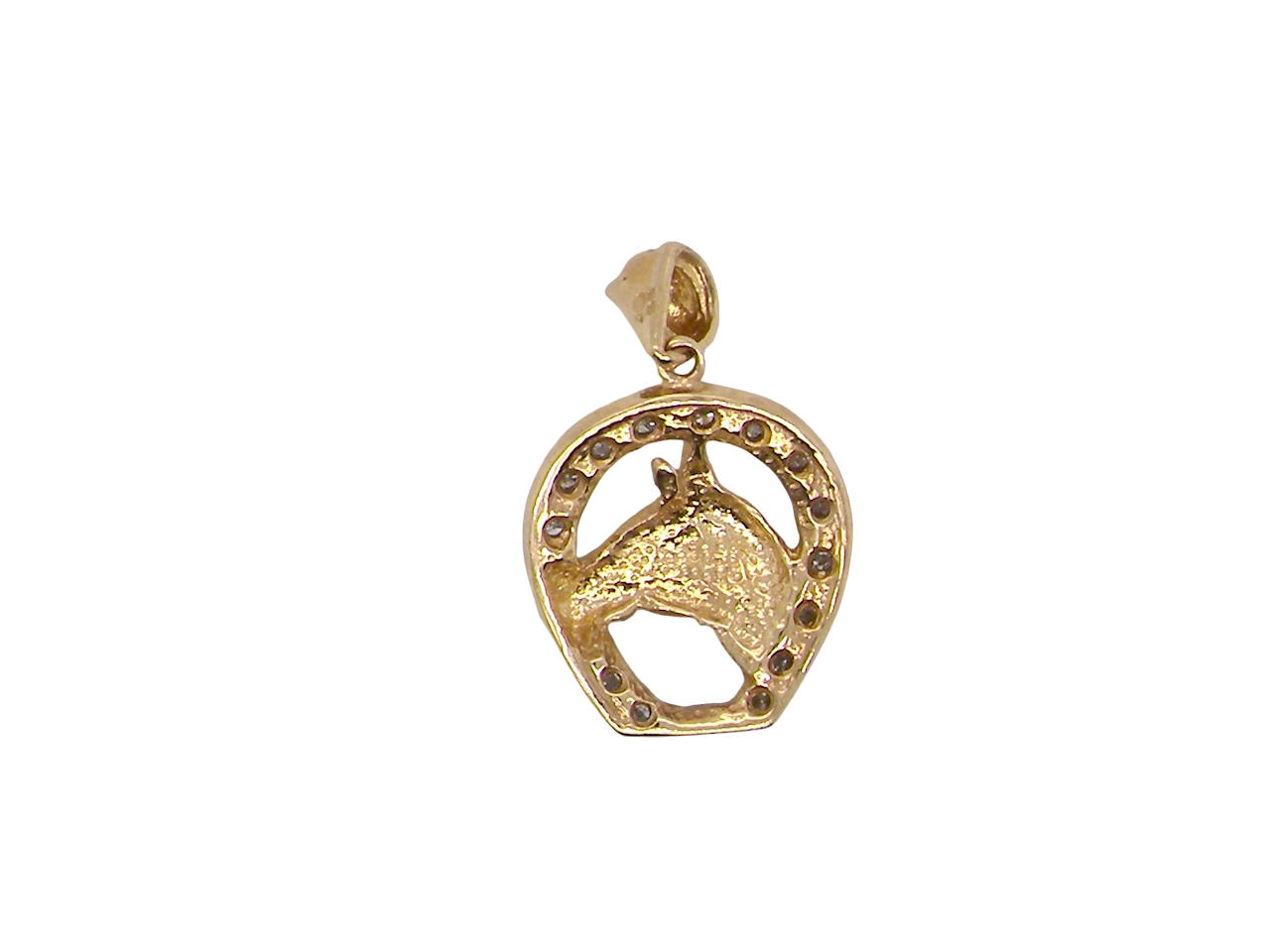 Gold pendant with horse design on a white background