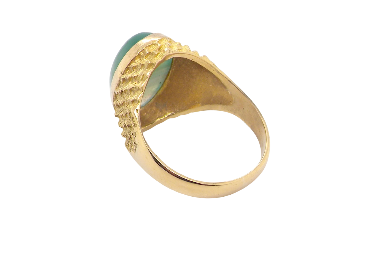 rear A pretty dress ring. Set with a cabouchon cut banded green agate , colours from jade green with stripes down to the base turning to white.
