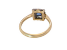 rear A pretty square cluster ring. Features to the centre a cornflower blue square sapphire, 4x4mm (est 0.30 carats) mille grain set.

Complimented by a halo of twelve x 1.5 mm single cut white diamonds 