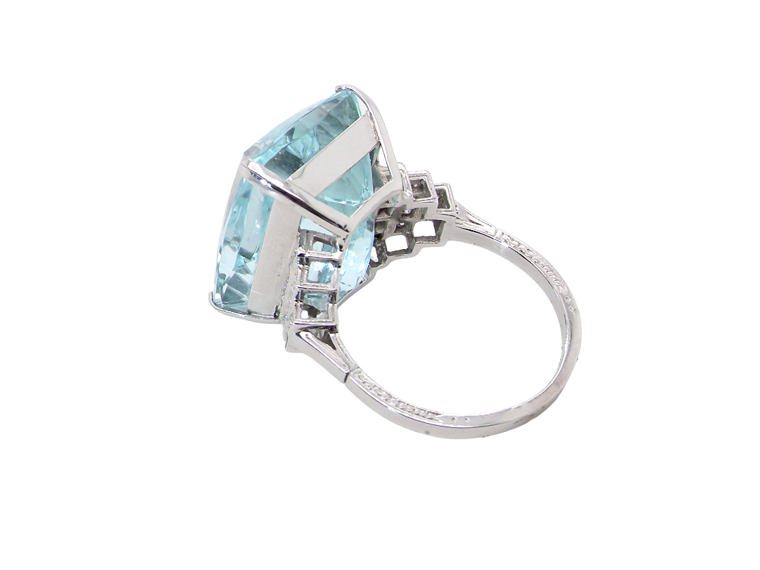rear A truly spectacular vintage statement ring, centred with an impressive rectangular-cut aquamarine of exceptional proportions. Measuring approximately&nbsp;18 x 13mm with a depth of 11mm, the aquamarine is estimated to weigh around 18 carats 