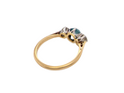rear A vintage three stone ring. Centre stone, a round 5.8mm natural blue zircon.

To each side an old brilliant cut white diamond 4mm round (est 0.25 carats). Colour i-j, clarity Si.