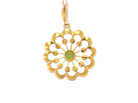 rear pendant from the Edwardian- Age of Elegance-

The centre stone- a round peridot 5mm diameter, mille grain set. A satellite perimeter of twelve seed pearls, each 2.4mm. The outside border is scalloped shaped and each crescent is set with tiny seed pearls.