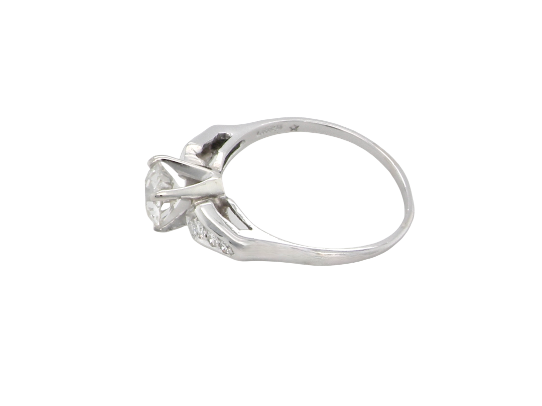 side A fine solitaire ring featuring an e lovely brilliant cut white diamond. Measures 6.3mm (est 0.85 carats) very bright white stone, colour H-i, clarity VS. Head depth 7mm.&nbsp;
