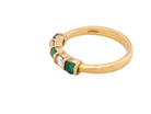 side A five stone ring set with three emeralds, each 3mm diameter.

Between each two brilliant cut white diamonds, each 3.4mm (0.15 carats each est), colour i-j, clarity Si.
