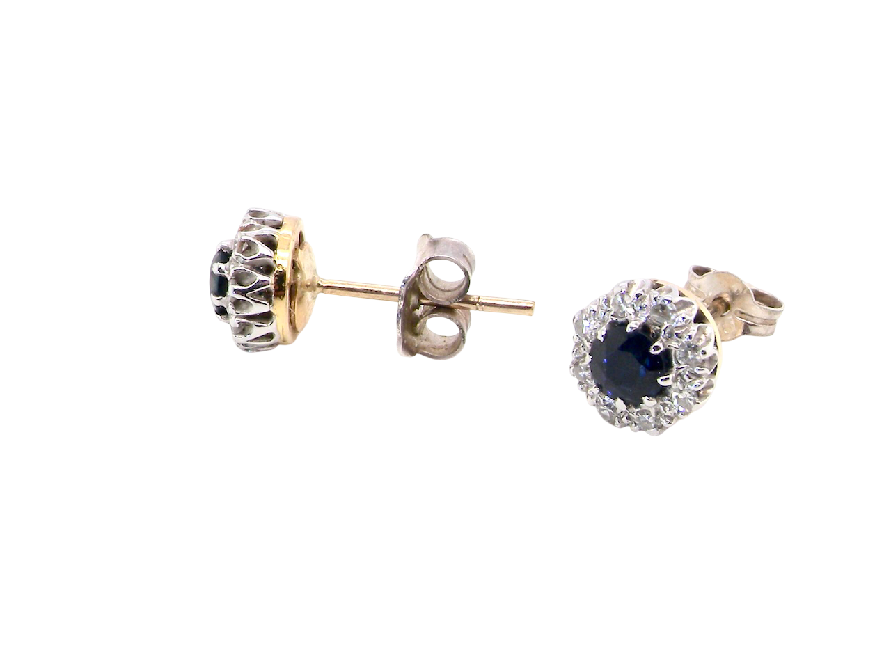 side A pair of stud cluster earrings. Each earring is set with a dark blue sapphire centre .

Measures 4mm, surrounded by an outer halo of eight 1.3mm diamonds 