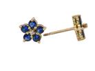side A pretty pair of gold earrings each floral shaped with a small diamond centre stone surrounded by five petals, these round sapphires