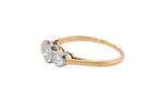 side A pretty three stone trilogy ring that features three brilliant cut white diamonds.

Centre diamond, 5mm (est 0.50 carats) each side a 4mm diamond (est 0.25 carats). Colour G-h, clarity Si. Platinum rim style setting, head measures 12.7x5.3mm, depth 5.3mm, weight 2.4grams.
