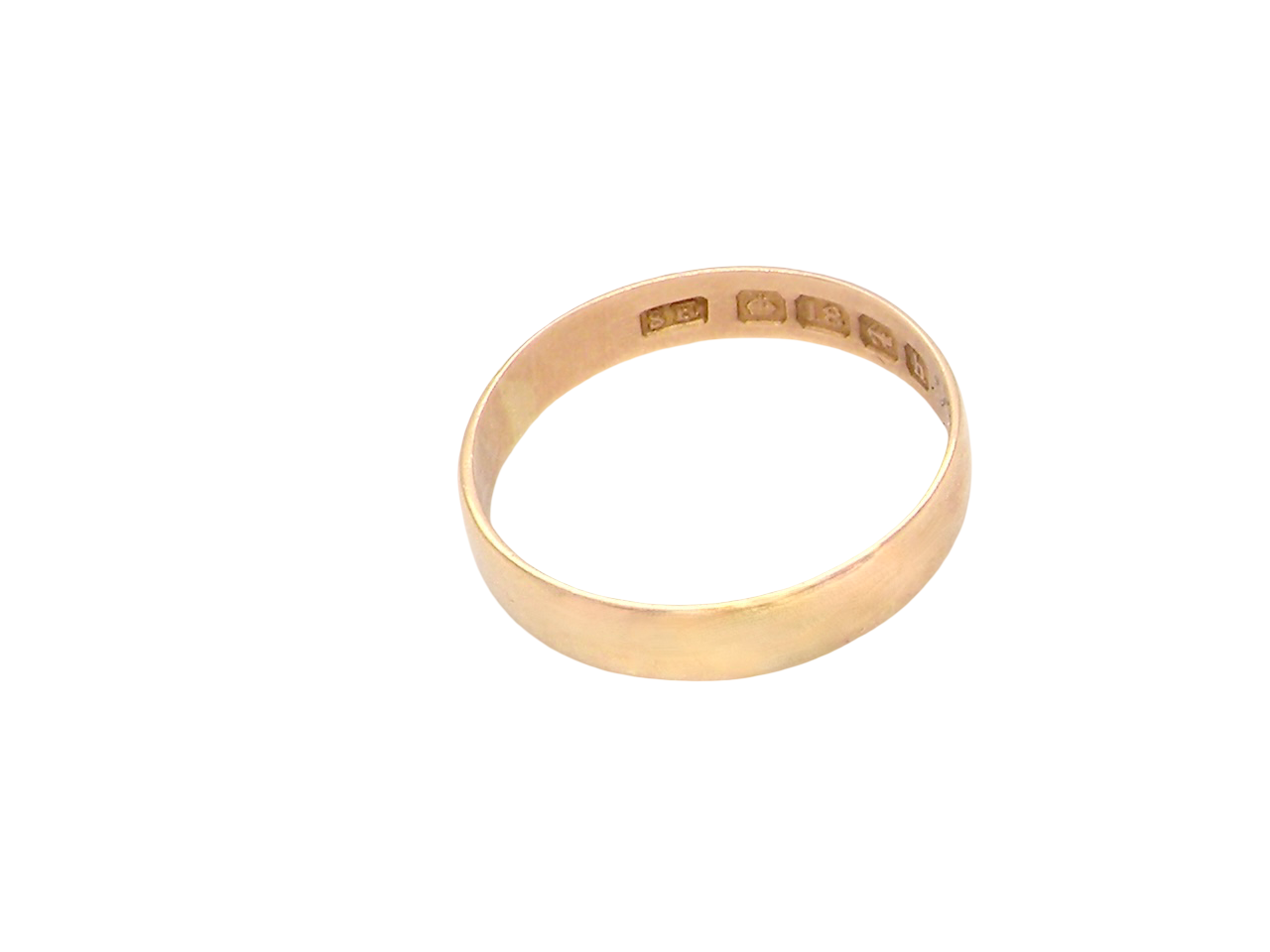side A traditional 18 carat gold wedding ring.

A flat to a slight D shape profile, width 3.6mm. Weight 2.2grams.

