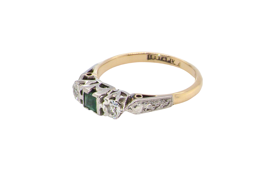 side A vintage mid century ring. Centre stone a square emerald 3x3mm (0.15 carats est), rim setting.