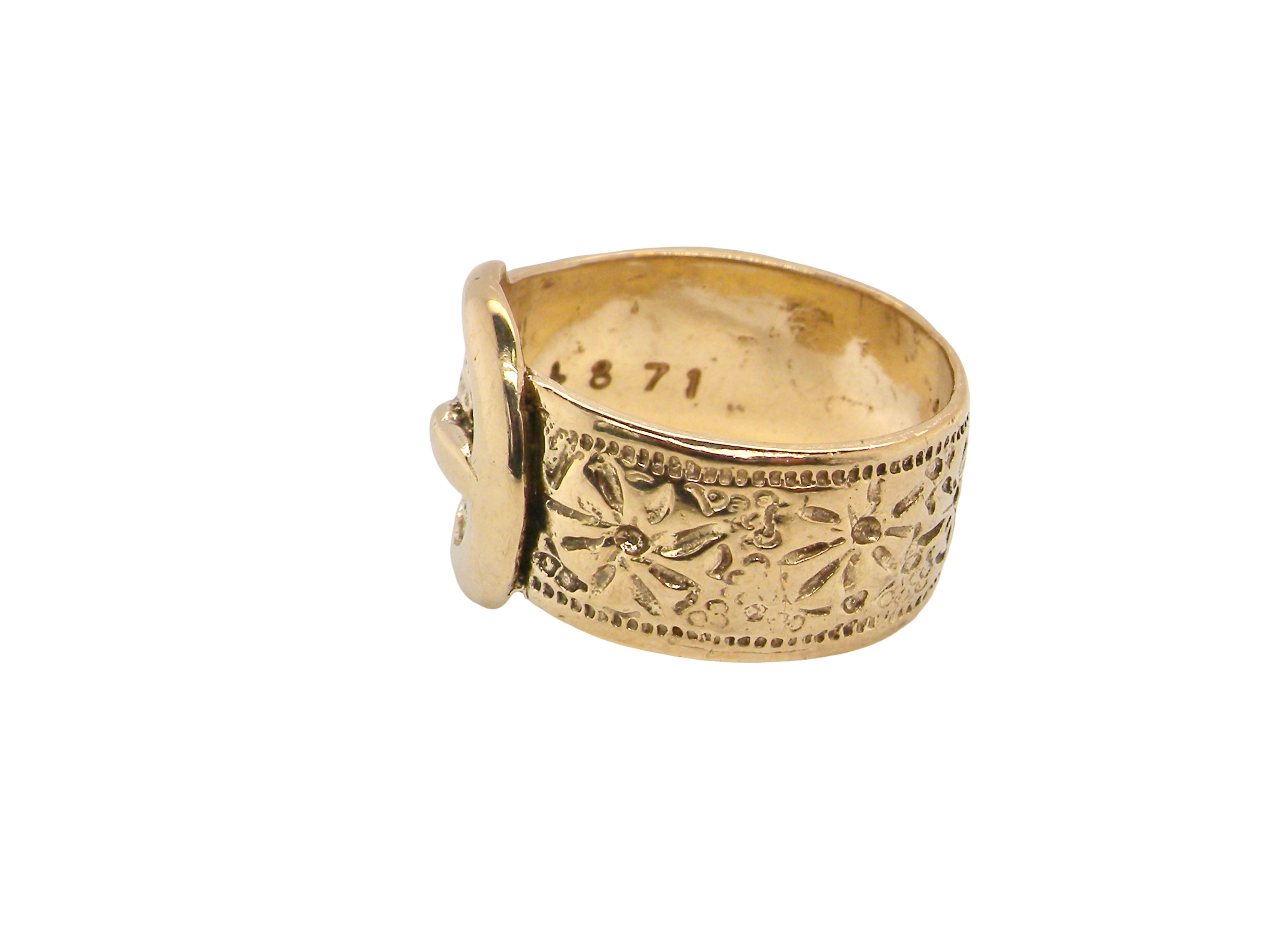 A wide gold buckle ring